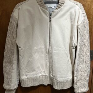 Anthropologie Cream and Tan Knit Bomber Jacket